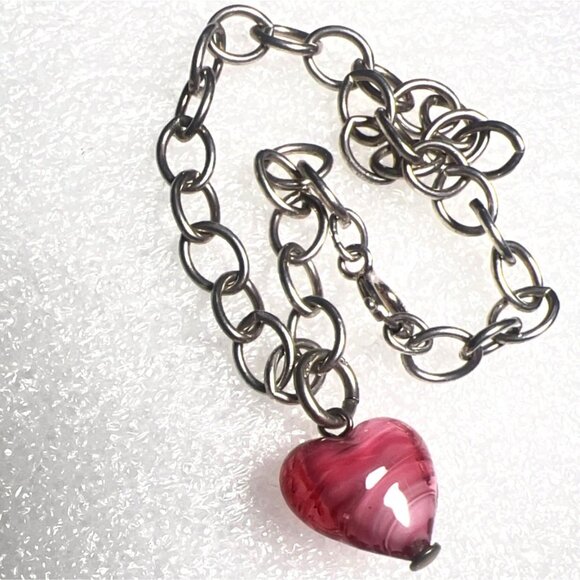 Silver Link Charm Bracelet Red Art Glass Heart Charm 7" Clasp Closure Handmade - Picture 1 of 9